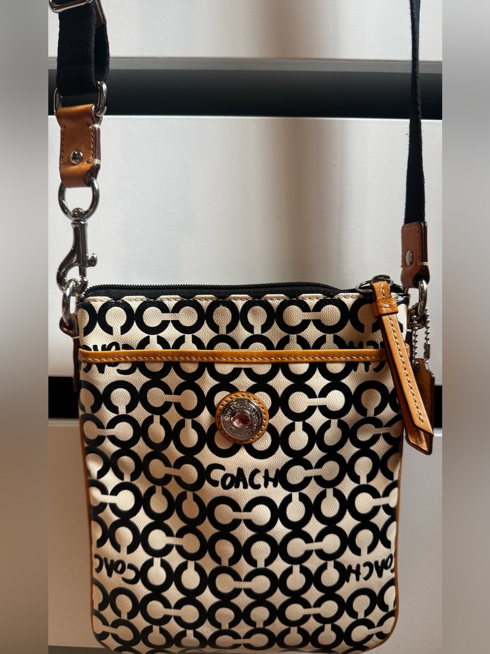 Coach Swingpack Op Art Black & Cream Signature Bag with Tan Leather Accents